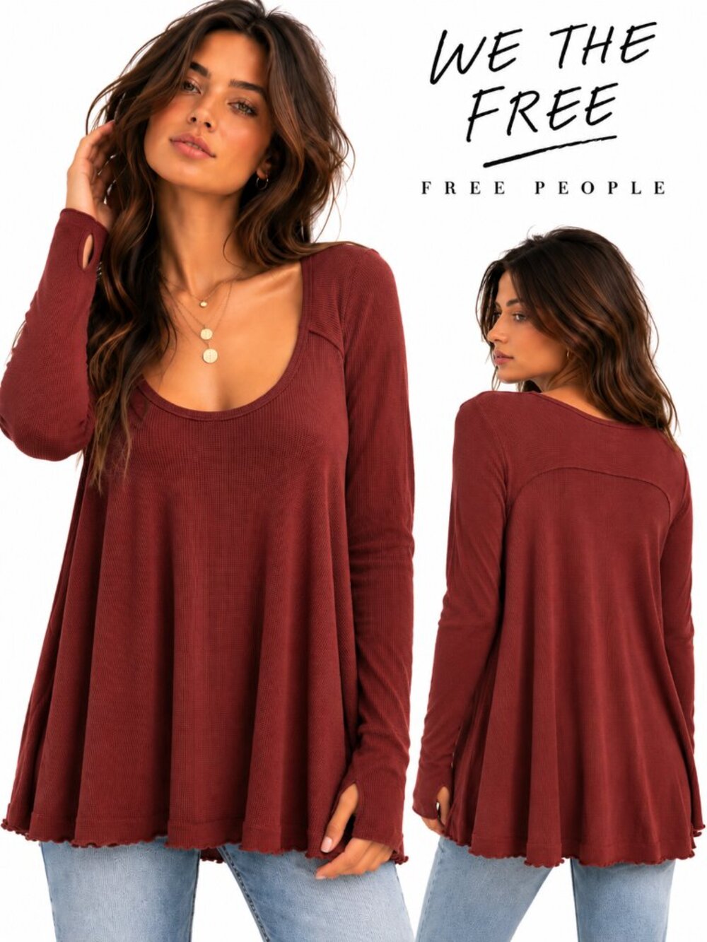 🍷🤎 FREE PEOPLE | WE THE FREE | BOHO THUMBHOLE THERMAL TUNIC 🤎🍷